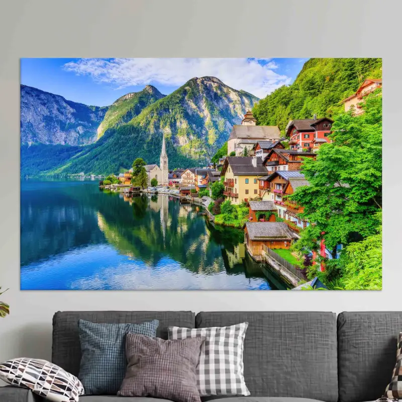 オーストリア アルプス キャンバス: 山、湖、森の自然の風景プリント