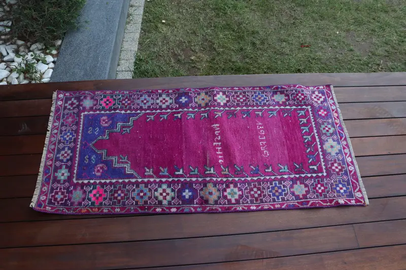 Oushak Vintage Rug, 1.9x4.1 ft Turkish Rug, Pink Oriental Wool Rug - 1