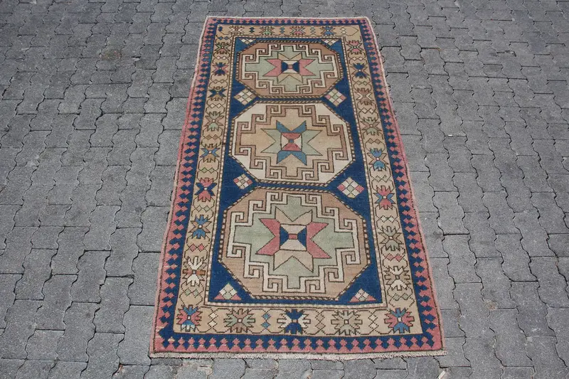 Turkish Oushak Accent Rug 3.37x6.3 ft (103x191 cm), Vintage Blue Polka dot Rug - 1
