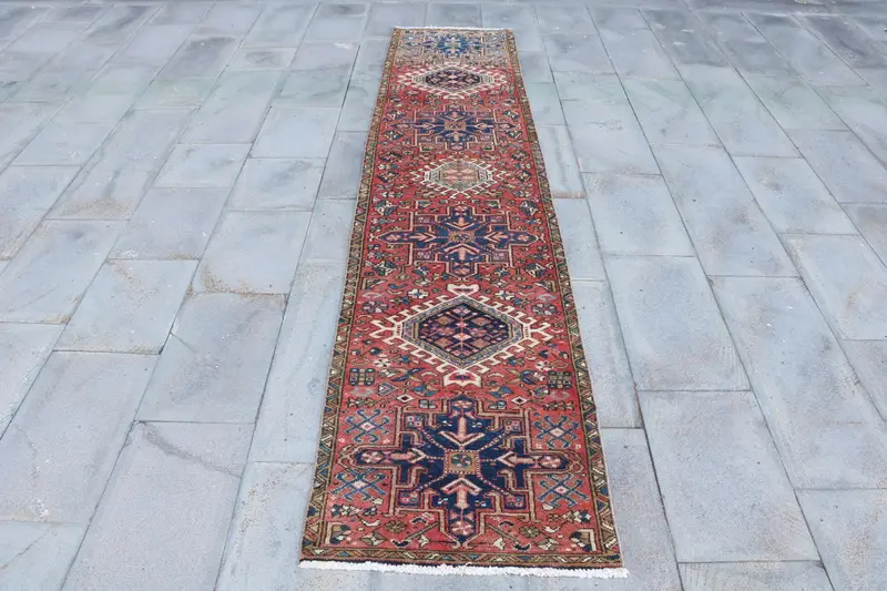 Turkish Rug, 2.1x9.8 ft Runner Vintage Rug, Oushak Red Blue Plants & trees Rug - 1