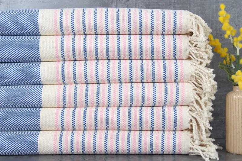 Turkish Bath Towel Organic Cotton Pink and Sax Blue, 40x71 Inches