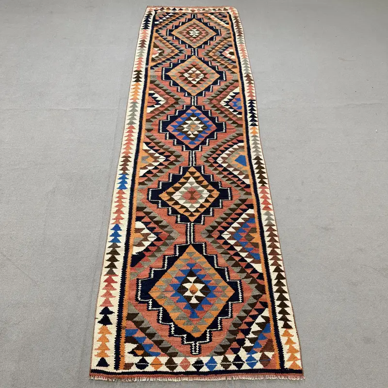 3x10.6 ft Runner Türk Halısı, Vintage Halı, Mavi Turuncu Kareli Yün Halı - 1