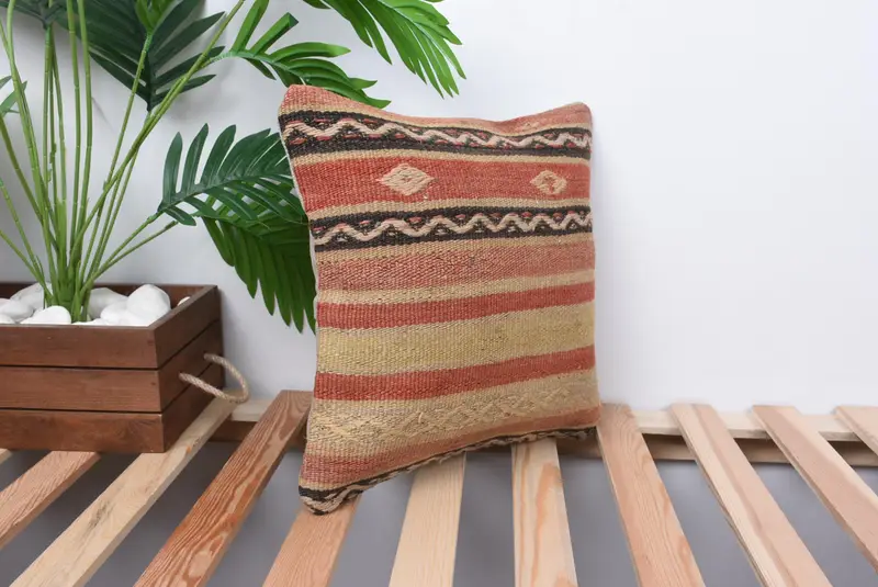 Handmade Cushion, Tribal Pillow Cover, Pillow for Couch, 14x14 Beige Cushion Cover, Pillow for Sofa, Ethnical Kilim Rug Pillow, Pillow Cover - 4
