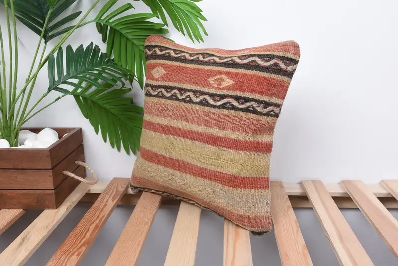 Handmade Cushion, Tribal Pillow Cover, Pillow for Couch, 14x14 Beige Cushion Cover, Pillow for Sofa, Ethnical Kilim Rug Pillow, Pillow Cover - 5