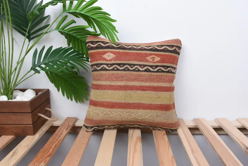 Handmade Cushion, Tribal Pillow Cover, Pillow for Couch, 14x14 Beige Cushion Cover, Pillow for Sofa, Ethnical Kilim Rug Pillow, Pillow Cover - 1