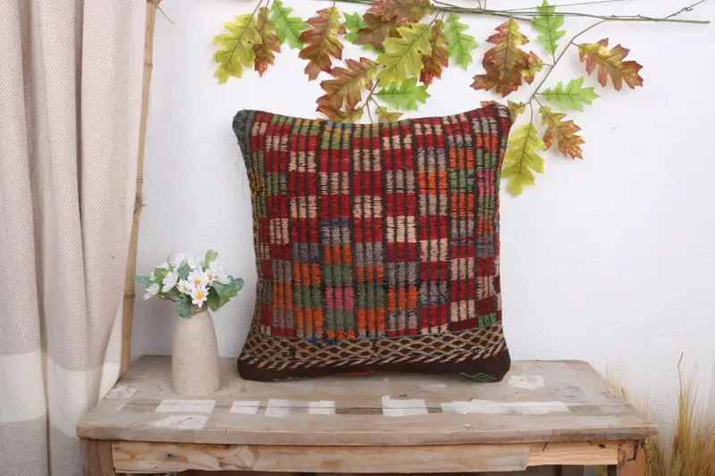 Boho Pillow, Vintage Pillow, Vintage Kilim Throw Pillow, Office Chair Cushion Case, Pillow Cover, 18x18 Red Pillow Case, Natural Cushion Case - 1