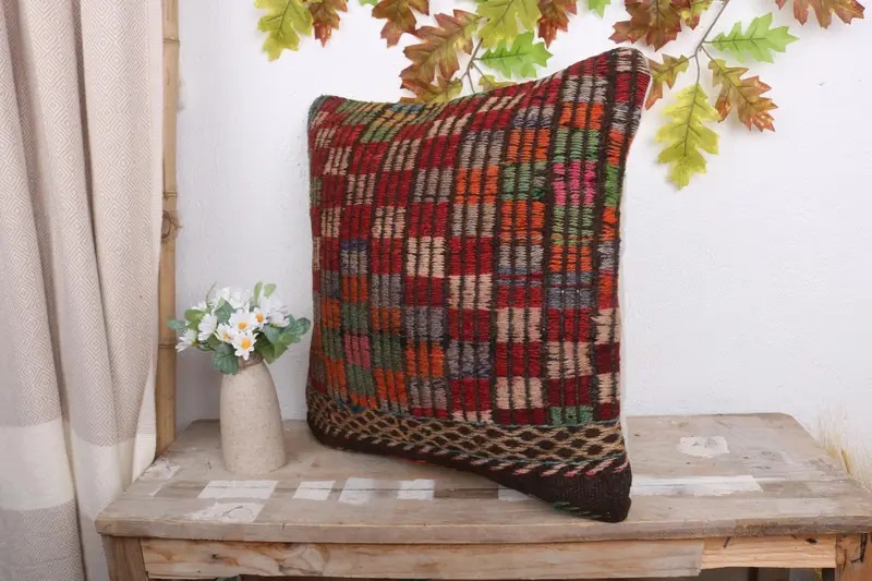 Boho Pillow, Vintage Pillow, Vintage Kilim Throw Pillow, Office Chair Cushion Case, Pillow Cover, 18x18 Red Pillow Case, Natural Cushion Case - 4