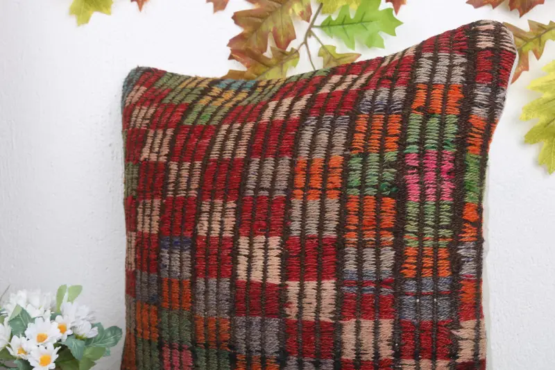 Boho Pillow, Vintage Pillow, Vintage Kilim Throw Pillow, Office Chair Cushion Case, Pillow Cover, 18x18 Red Pillow Case, Natural Cushion Case - 5