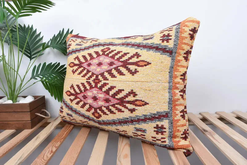 Vintage Throw Pillow Case, Cushion Case, 20x28 Yellow Pillow Case, Handmade Kilim Cushion, Antique Pillows, Throw Kilim Pillow - 5