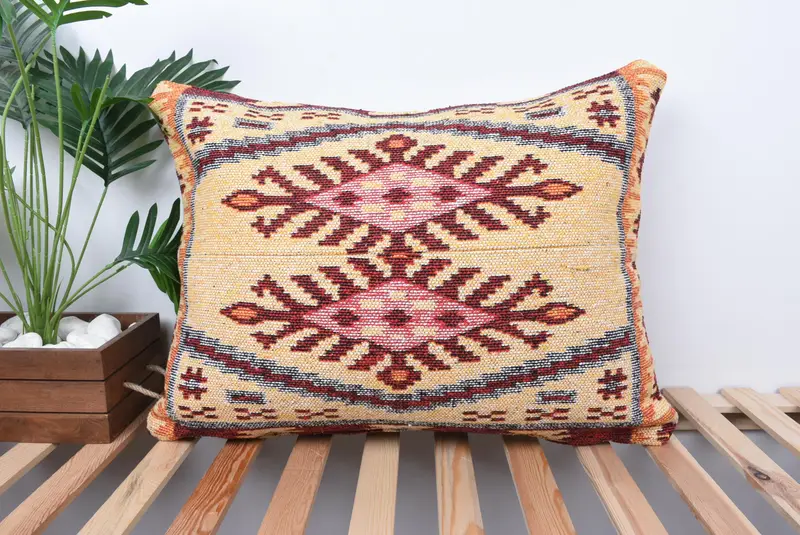 Vintage Throw Pillow Case, Cushion Case, 20x28 Yellow Pillow Case, Handmade Kilim Cushion, Antique Pillows, Throw Kilim Pillow - 1