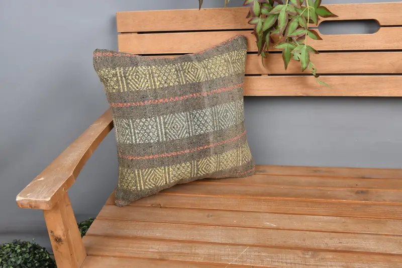 Handmade Kilim Cushion, Accent Throw Cushion Cover, Cushion Cover, Vintage Kilim Throw Pillow, Vintage Kilim Pillow, 16x16 Yellow Cushion Cover - 1