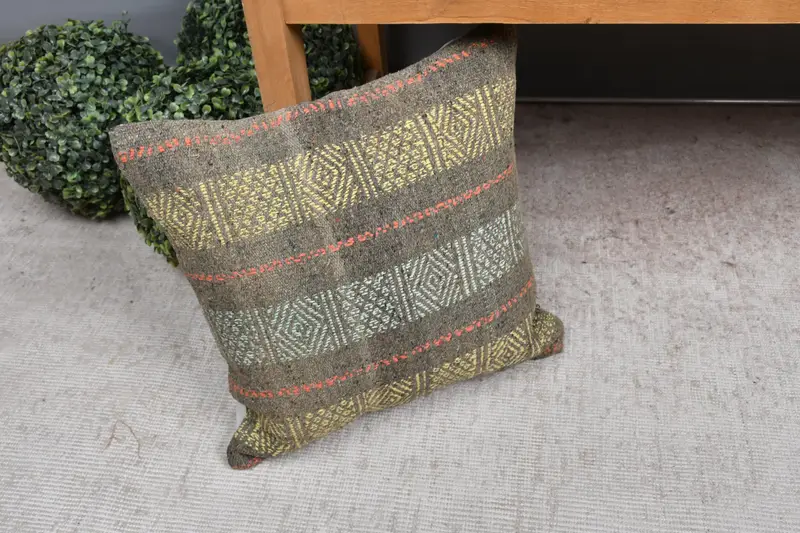 Handmade Kilim Cushion, Accent Throw Cushion Cover, Cushion Cover, Vintage Kilim Throw Pillow, Vintage Kilim Pillow, 16x16 Yellow Cushion Cover - 7