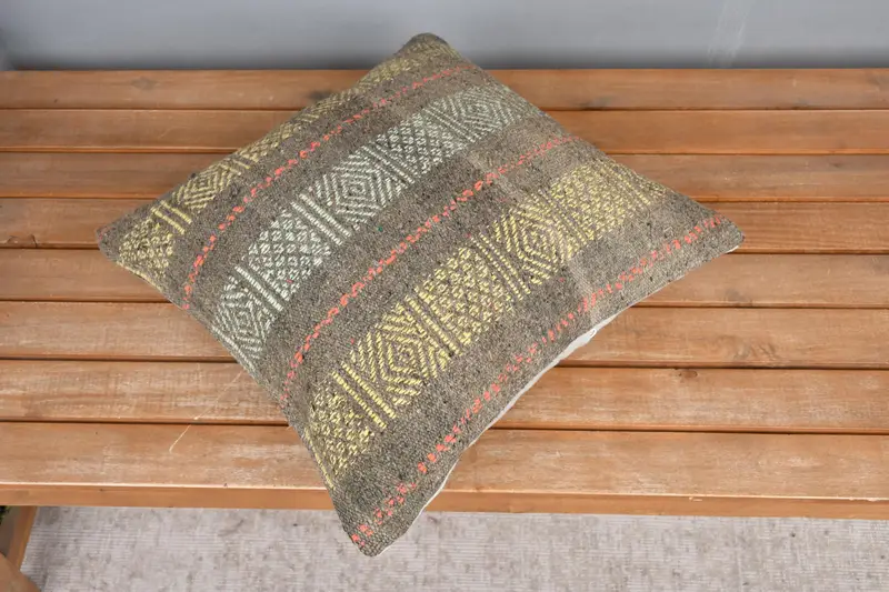Handmade Kilim Cushion, Accent Throw Cushion Cover, Cushion Cover, Vintage Kilim Throw Pillow, Vintage Kilim Pillow, 16x16 Yellow Cushion Cover - 2