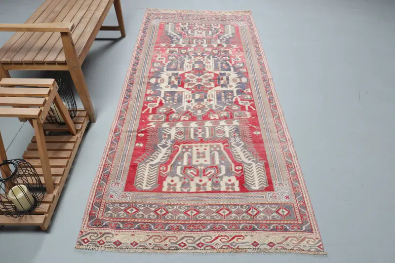 Vintage Turkish Rug, 3.7x8.7 ft Oushak Rug, Red Blue Solid Rug - 1