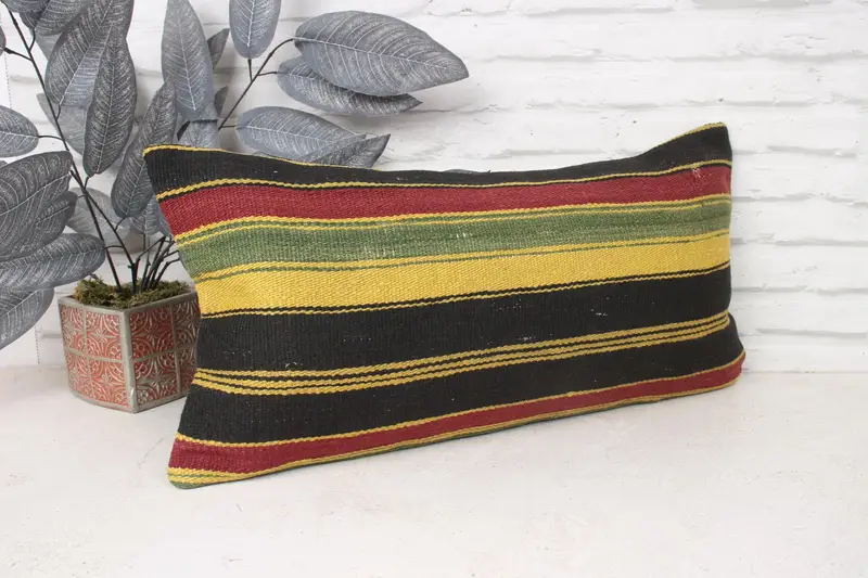 Nomadic Cushion Cover, Ethnical Kilim Rug Pillow, Handmade Kilim Cushion, Pillow Cover, 12x24 Yellow Pillow Cover, Vintage Pillow - 3