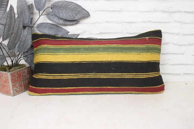 Nomadic Cushion Cover, Ethnical Kilim Rug Pillow, Handmade Kilim Cushion, Pillow Cover, 12x24 Yellow Pillow Cover, Vintage Pillow - 1