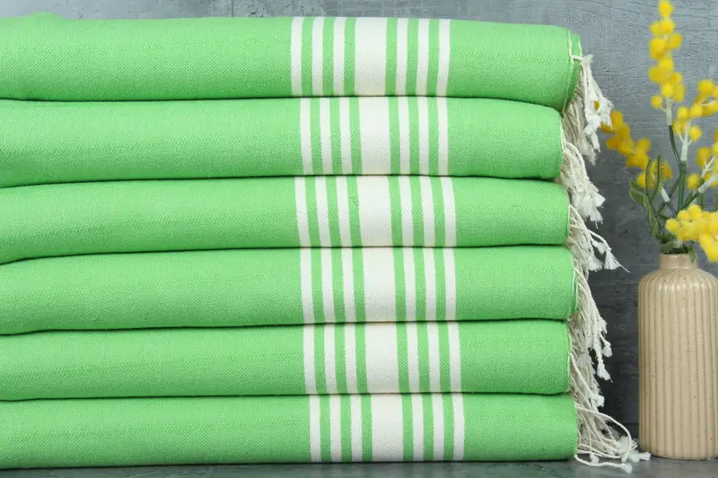 Wedding Gift Organic Beach Towel Striped Green Beige, 36x63 Inches