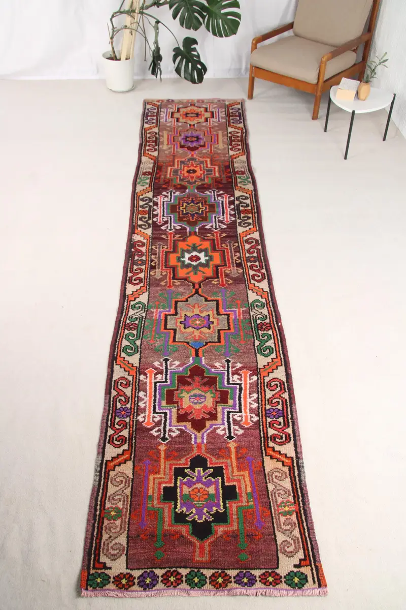 2.7x13.1 ft Halı, Türk Vintage Yolluk Halısı, Kırmızı Herki Yün Halı - 1