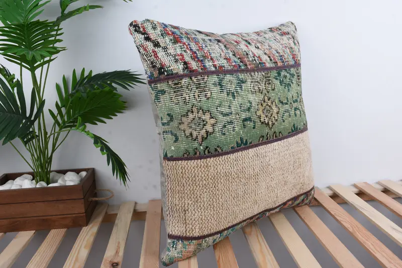 Chair Cushion, Handwoven Pillow Cover Cushion, 24x24 Green Pillow Cover, Gift Pillow, Antique Pillows, Vintage Kilim Pillow, Cushion Cover - 4