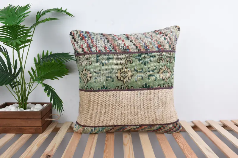 Chair Cushion, Handwoven Pillow Cover Cushion, 24x24 Green Pillow Cover, Gift Pillow, Antique Pillows, Vintage Kilim Pillow, Cushion Cover - 1