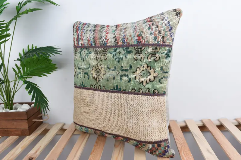 Chair Cushion, Handwoven Pillow Cover Cushion, 24x24 Green Pillow Cover, Gift Pillow, Antique Pillows, Vintage Kilim Pillow, Cushion Cover - 5