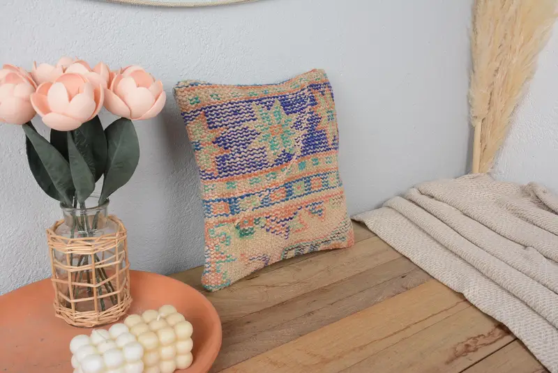 Handgefertigtes grün & orange besticktes Wurfkissen, 12x12 Vintage Kissen