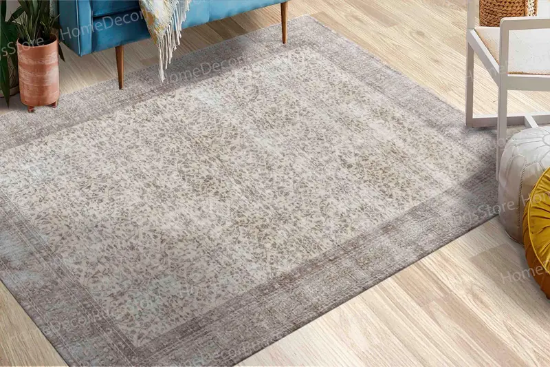 ヴィンテージ Oushak デザインの茶色の花柄プリント ラグ