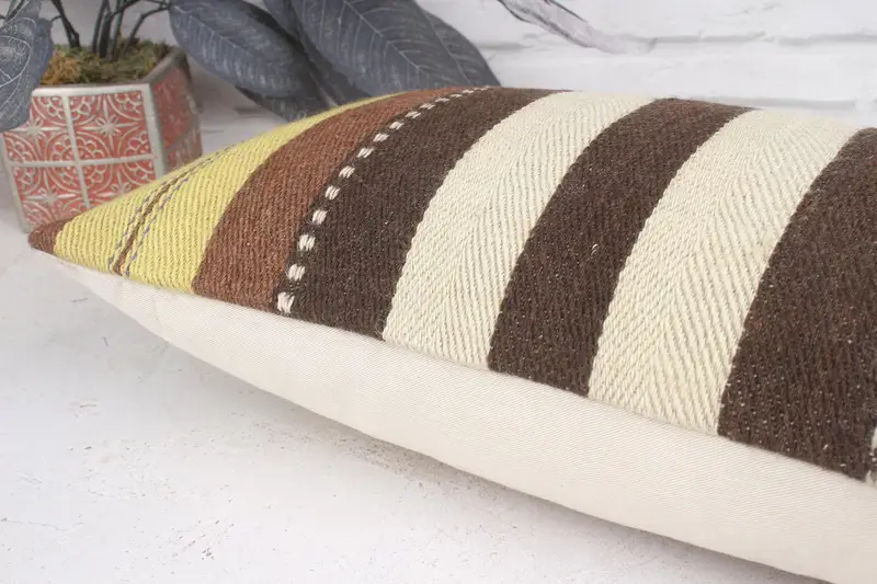 Knitted Pillow, Vintage Pillow, Pillow Cover, Outdoor Patio Pillow, Turkish Kilim Pillow, Handmade Kilim Cushion, 12x20 White Cushion Cover - 7