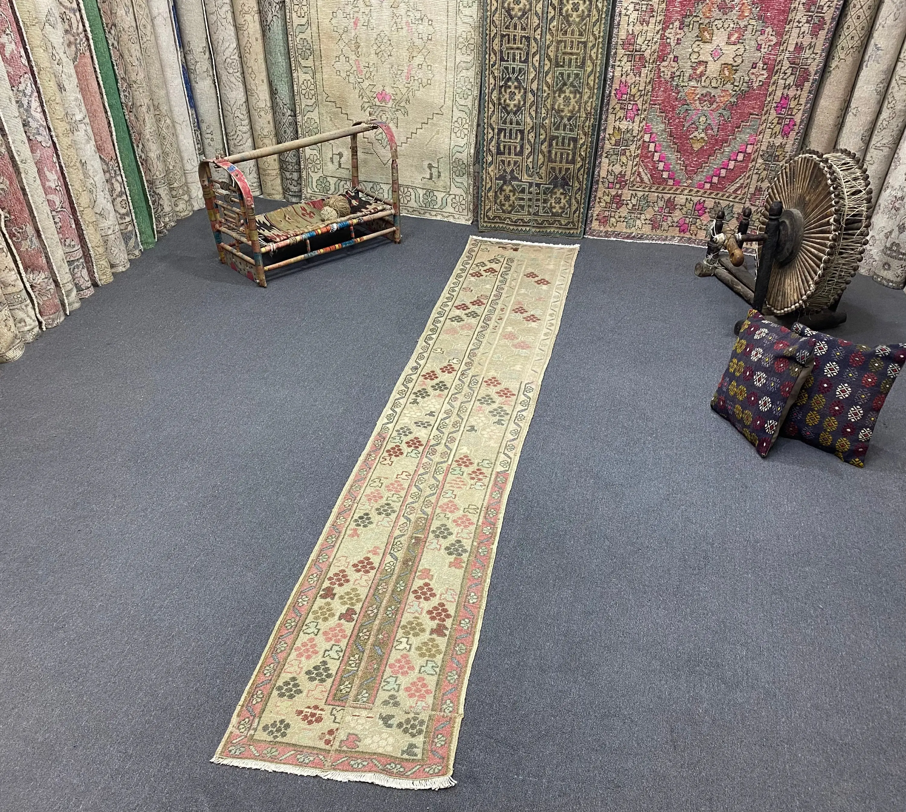 1.7x10.3 ft Rug, Turkish Vintage Rug, Red Floral Rug - 1