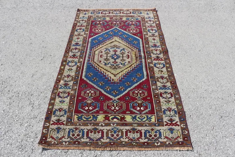 3.37x5.7 ft Vintage Accent Halı, Türk Kırmızı İkat Halı - 1