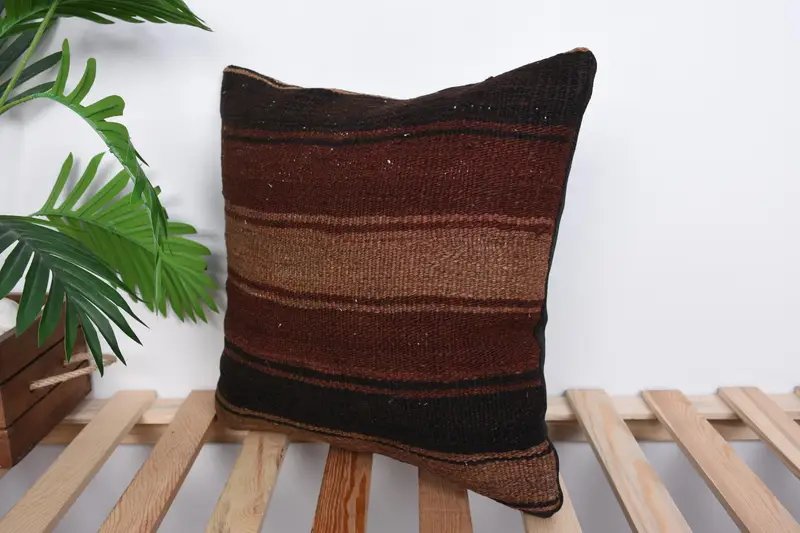 Farmhouse Pillow Cover, Pillow Cover, Handmade Kilim Cushion, Kilim Pillow, Throw Kilim Pillow, 16x16 Brown Pillow Case, Outdoor Throw Cushion - 5