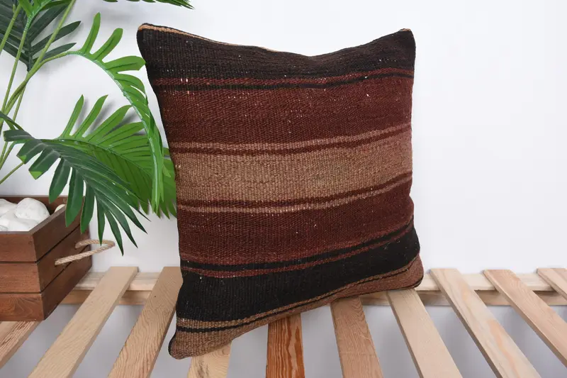 Farmhouse Pillow Cover, Pillow Cover, Handmade Kilim Cushion, Kilim Pillow, Throw Kilim Pillow, 16x16 Brown Pillow Case, Outdoor Throw Cushion - 4