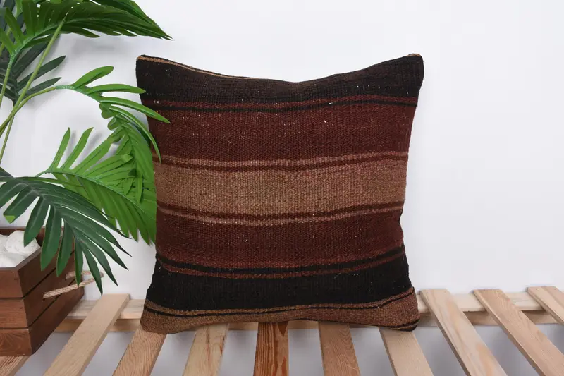 Farmhouse Pillow Cover, Pillow Cover, Handmade Kilim Cushion, Kilim Pillow, Throw Kilim Pillow, 16x16 Brown Pillow Case, Outdoor Throw Cushion - 1