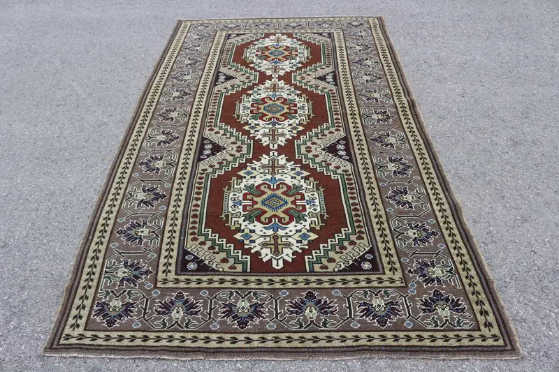 5x8.5 ft Vintage Oushak Halı, Türk Halısı, Kahverengi Çiçekli Yün Halı - 1