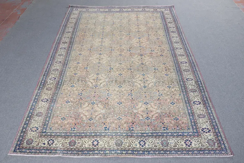 Türk 6.3x9.5 ft Halı, Vintage Büyük Halı, Mavi Çiçekli Halı - 1