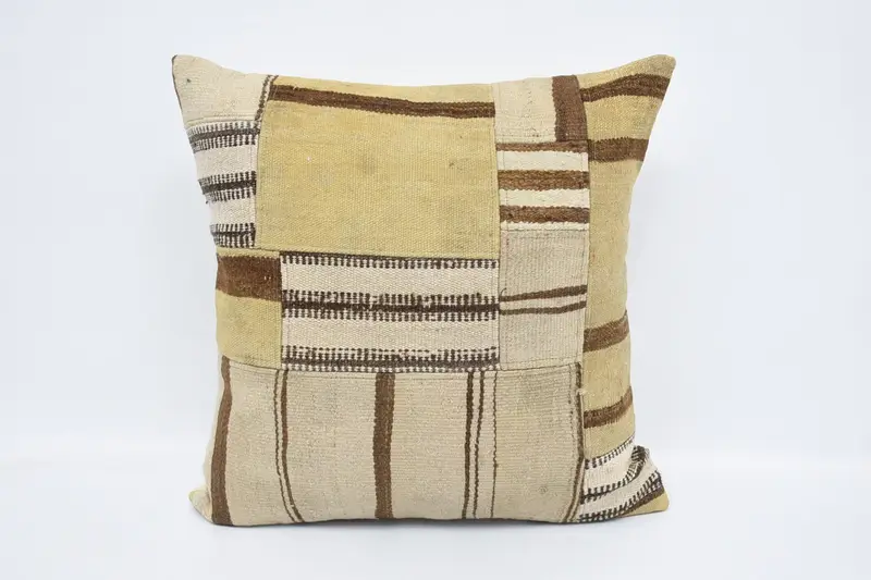 Beige Turkish Euro Sham, Moroccan 60x60 cm Pillow Case, Striped Bedroom Pillow Sham - 1