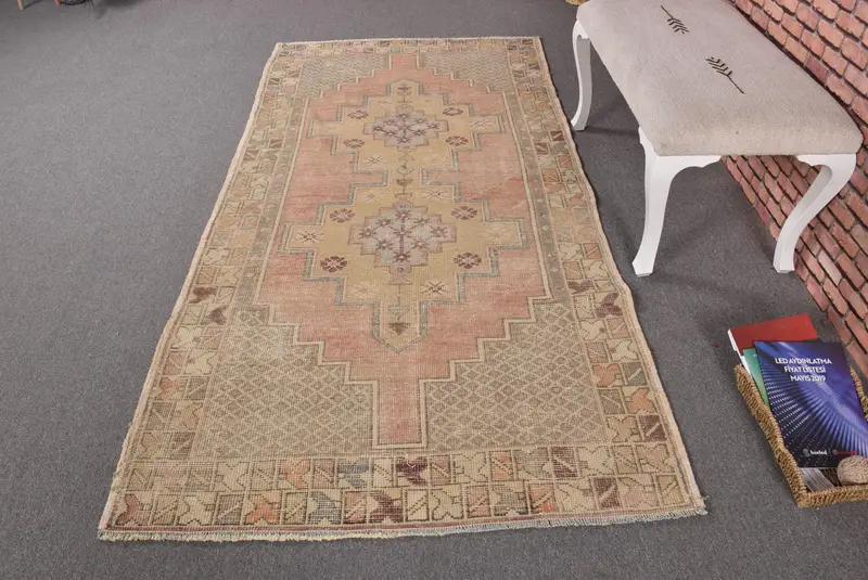 Turkish Rug, Area 4x8 ft Vintage Rug, Brown Bordered Wool Rug - 1