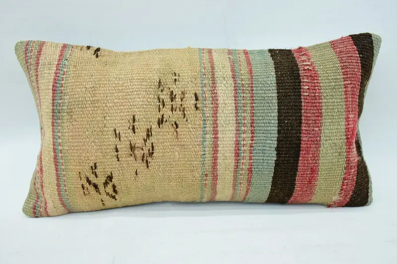 Turkish Gift Pillowcase, Beige 8x16 inch Cushion Case, Couch Striped Cushion Cover - 1