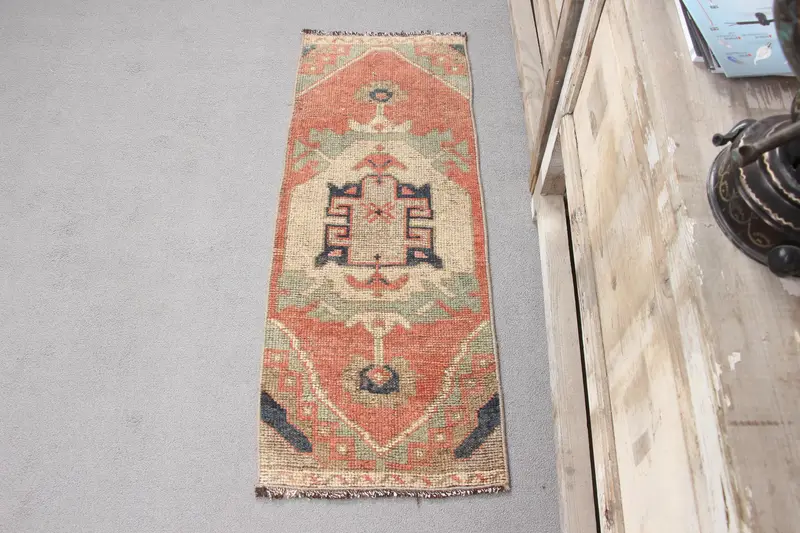 Handmade Red & Beige Rug, 1,1x0,3 ft Striped Geometric