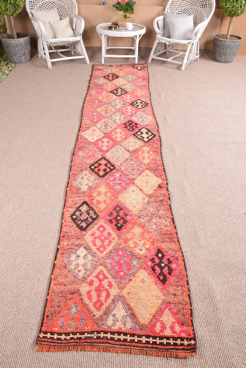 2.3x12.8 ft Herki Türk Halısı, Kırmızı Fas Vintage Halı Yün - 1