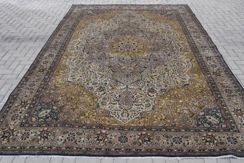 Alfombra turca Oushak, alfombra vintage de 8,4x12 pies, alfombra de lana de cheque marrón - 1