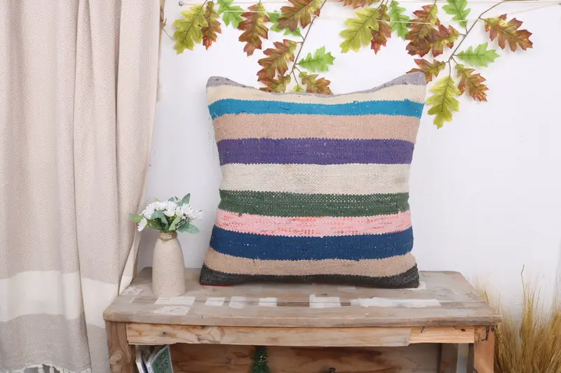 Pillow Case, Ethnical Kilim Rug Pillow, Customized Pillow, Vintage Kilim Pillow, 20x20 Blue Cushion Cover, Gift Pillow, Ikat Cushion Cover - 1