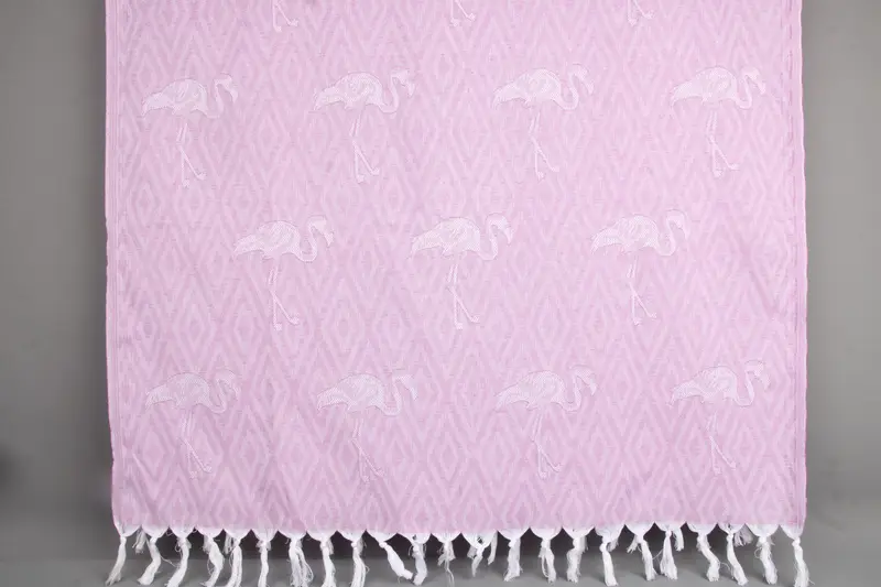 Flamingo Patterned Organic Cotton Towel, Beach Towel, Beige, 40x71 Inches