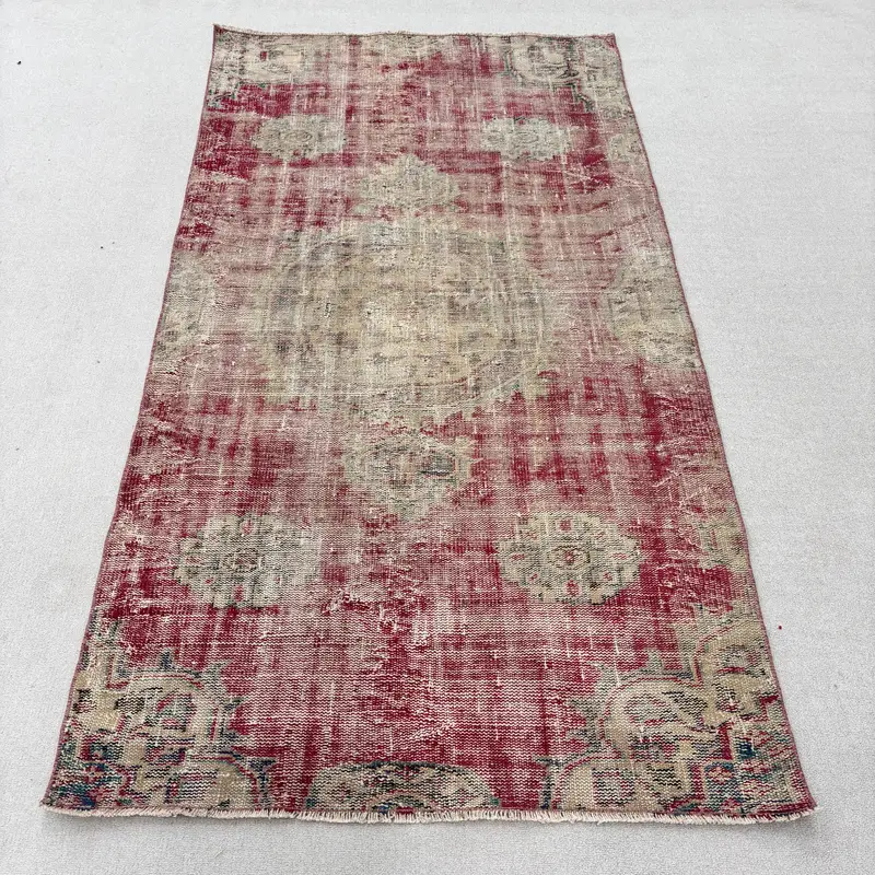 Türk Vintage Halısı, 3.9x7.3 ft Alan Halısı, Kırmızı Oushak Patchwork Halı - 1