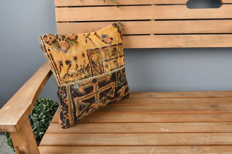 Boho Pillow Sham Cover, Vintage Pillow, 14x14 Blue Pillow, Handmade Rug Seat Pillow Case, Ethnical Kilim Rug Pillow, Cushion Cover - 1