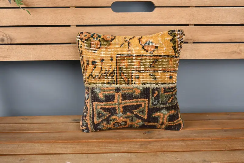 Boho Pillow Sham Cover, Vintage Pillow, 14x14 Blue Pillow, Handmade Rug Seat Pillow Case, Ethnical Kilim Rug Pillow, Cushion Cover - 6