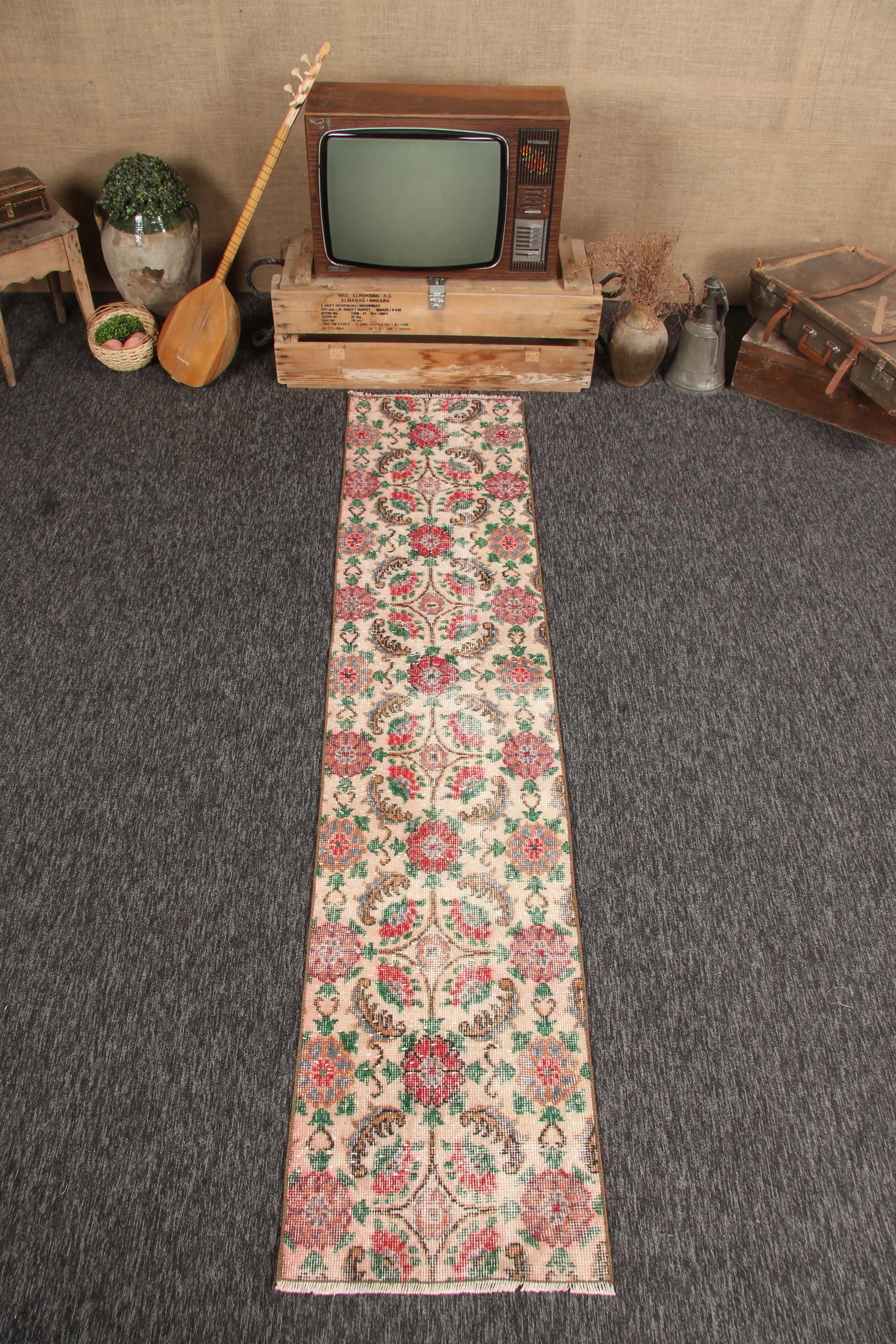 1.8x8.1 ft Turkish Oushak Rug, Vintage Rug, Green Floral Rug - 1