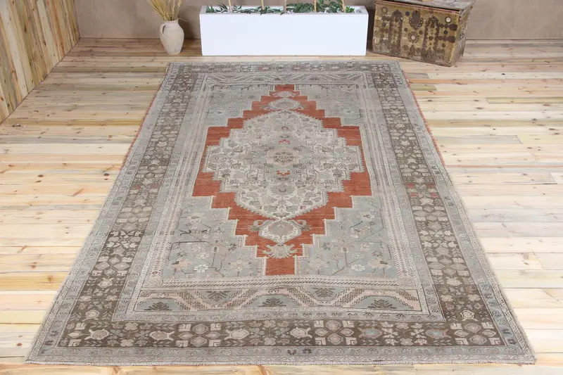 7.1x12.5 ft Vintage Halı, Türk Büyük Halı, Yeşil Turuncu Çiçekli Halı - 1