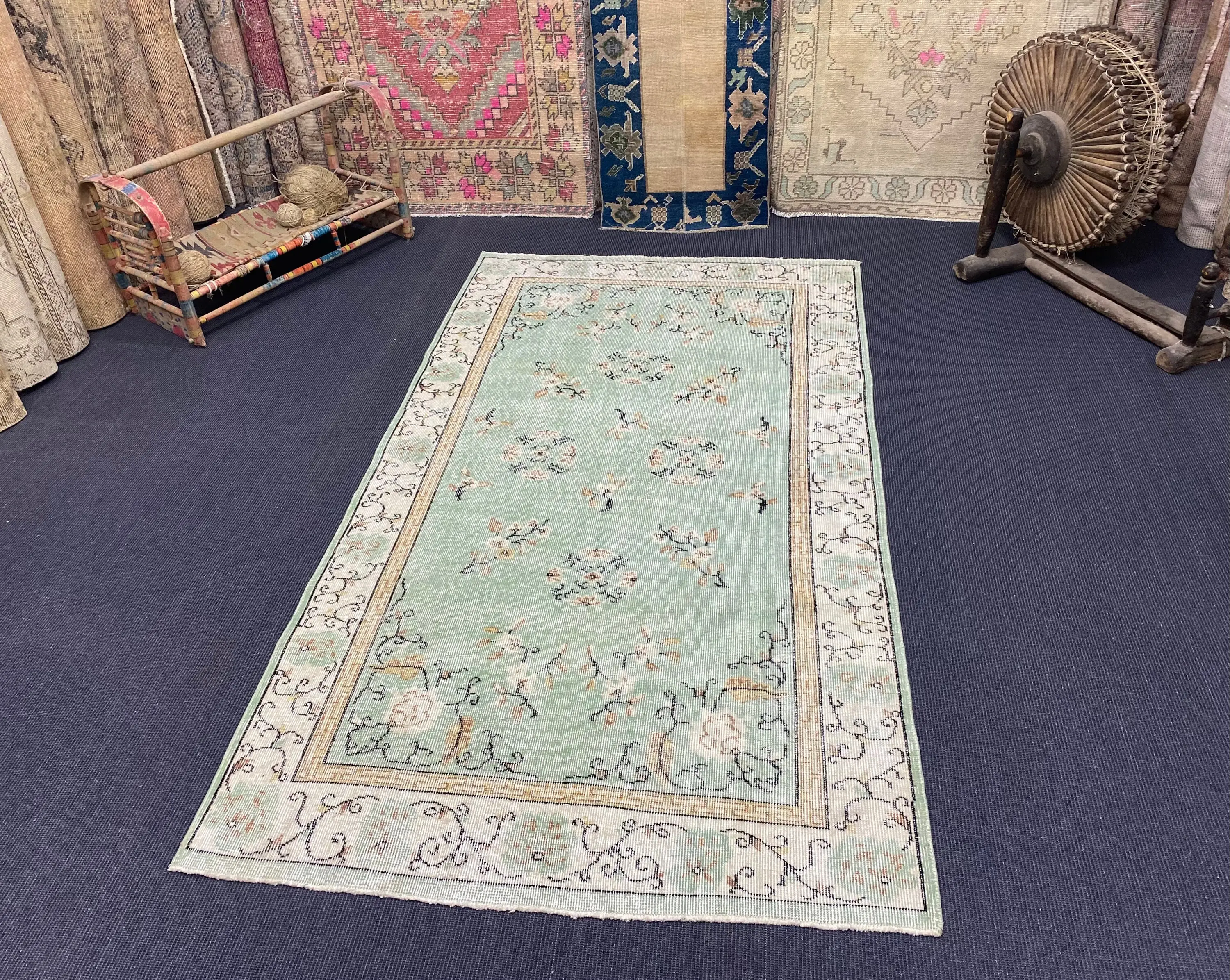 3,7x6,9 ft Teppich, türkischer Vintage Teppich, grüner Blumenteppich - 1