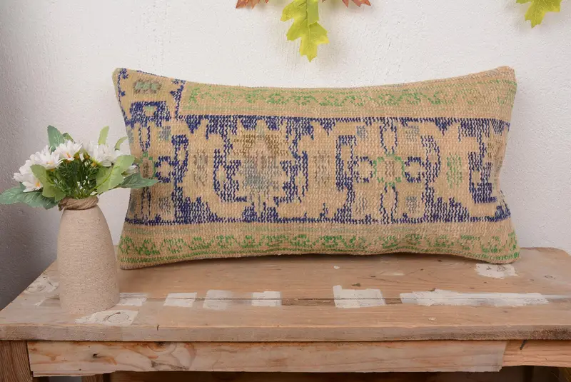 Blau & Beige besticktes Wurfkissen, handgemachtes Vintage Kissen